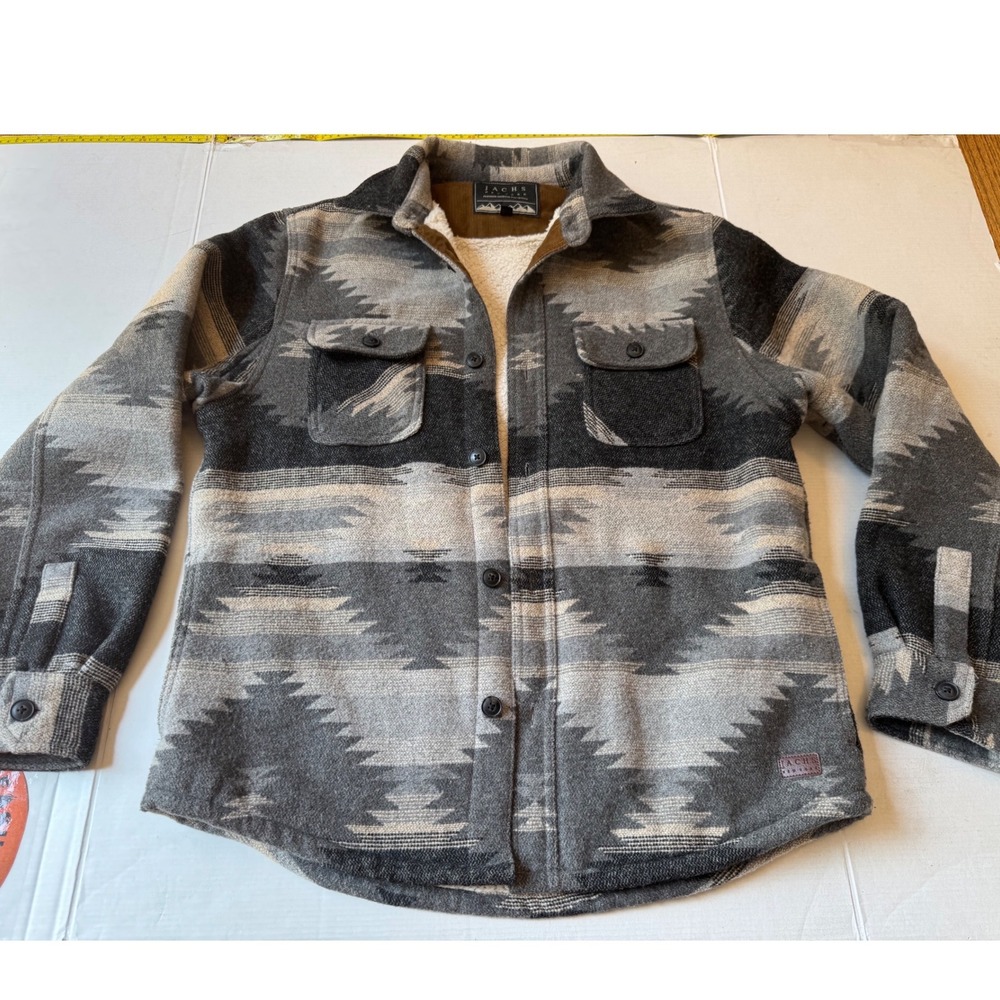 Jachs NY Mens Grey Southwestern Tribal Sherpa Lined Flannel Shirt Jacket M